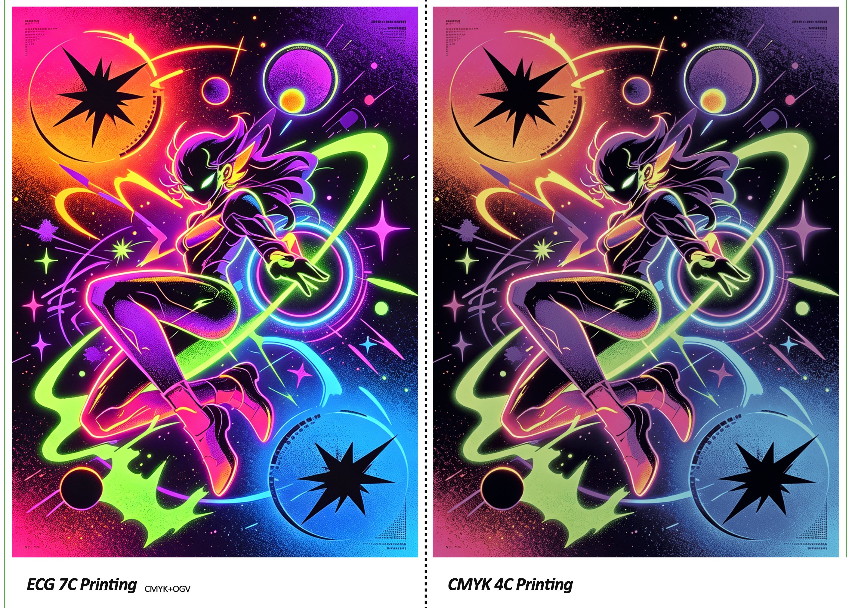 Side-by-side ECG 7-color vs CMYK 4-color print comparison on anime artwork